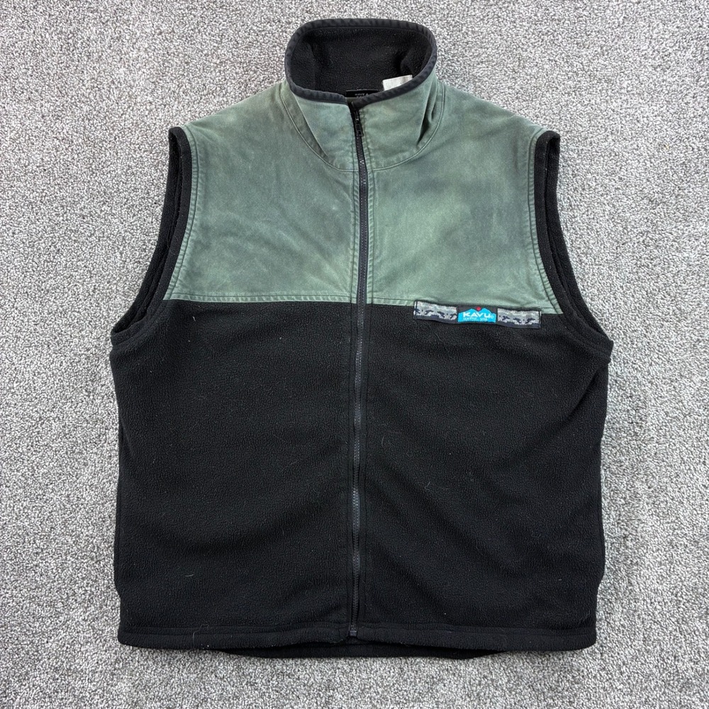 Vintage KAVU Fleece Vest Mens Large Black Green Canvas Yoke Gorpcore USA Made